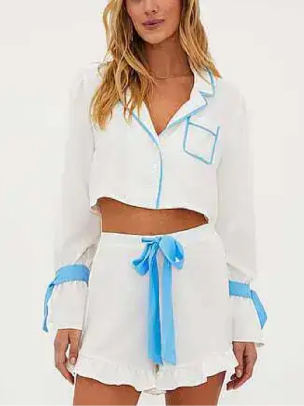 New! Beach Riot Aurora Luna white blue trim pajama top 57244 - Picture 2 of 8